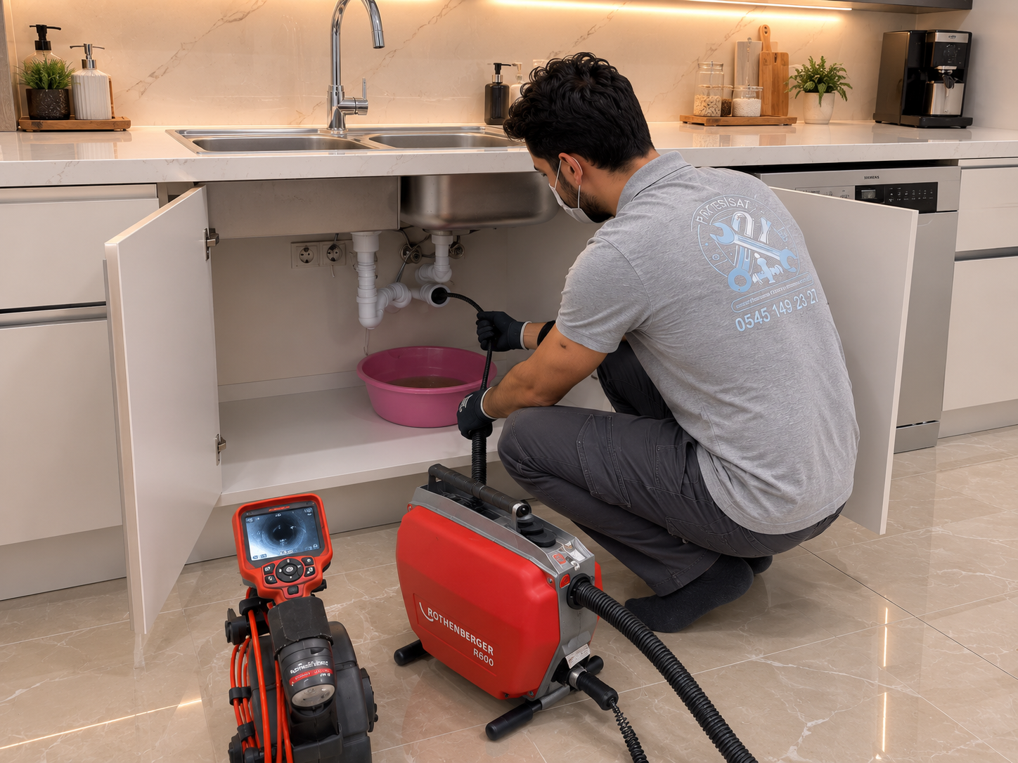 Esenler Tesisatçı 15 Rothenberger robotla lavabo tıkanıklığı açma İstanbul